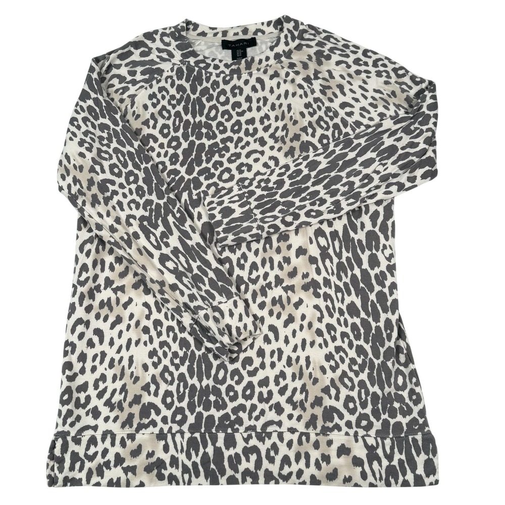 Tahari LS Medium Top Knit Sweatshirt Leopard Animal Print Chic Tunic Soft Lounge